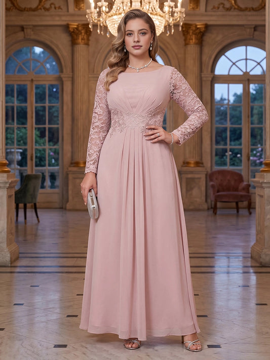 roselledress Nude chiffon plus size floor-length mother dress boat neck long lace sleeve wedding formal gown
