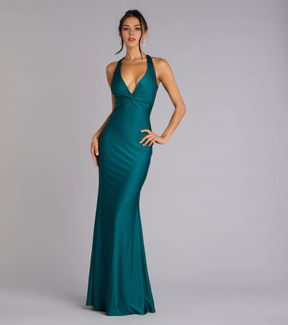 Sleek Mermaid Halter Sleeveless Tie Bow Back Maxi Prom Dress