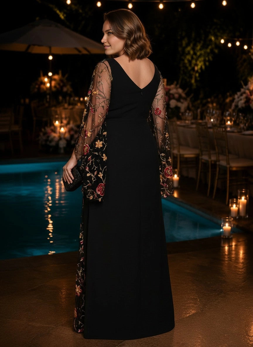 Roselledress black floral embroidery formal gown back view, deep v-back mesh slit plus size wedding guest evening dress