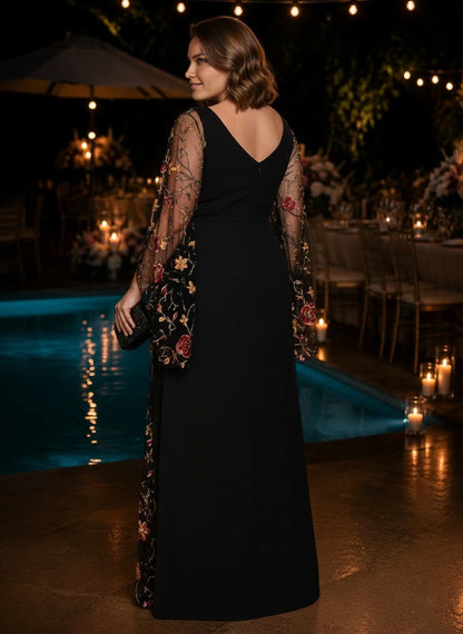 Roselledress black floral embroidery formal gown back view, deep v-back mesh slit plus size wedding guest evening dress