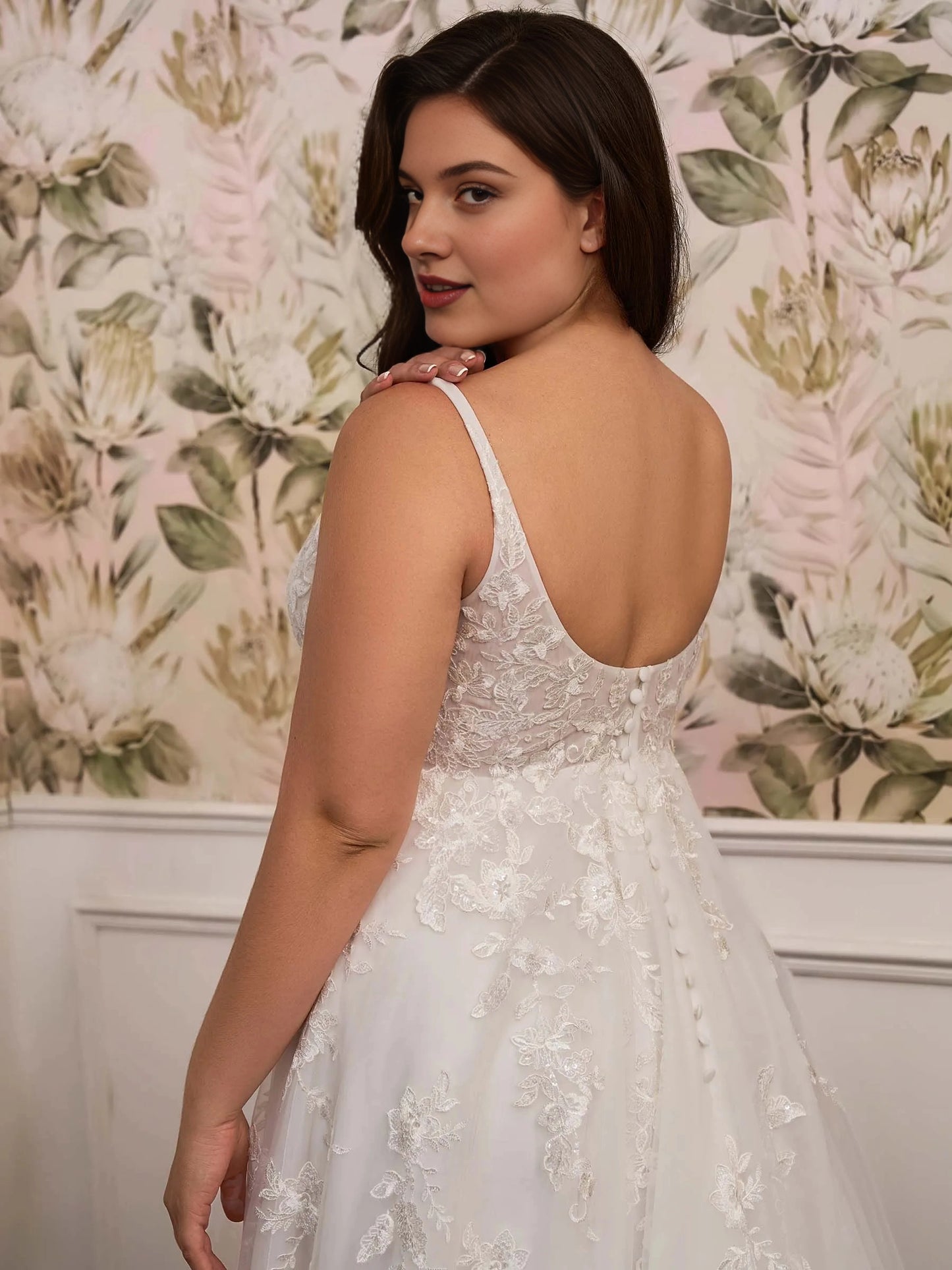 Elegant A‑Line V‑Neck Sleeveless U‑Back Court‑Train Plus Size Wedding Dress