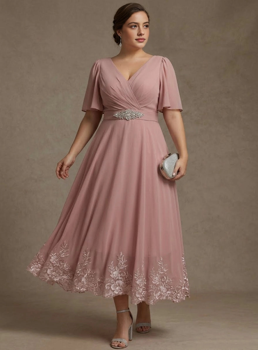roselledress dusty pink chiffon a line plus size mother of the bride midi dress v neck flutter sleeve rhinestone belt lace hem formal gown