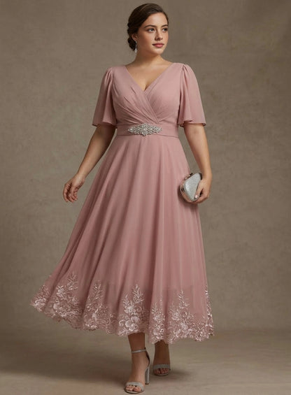 roselledress dusty pink chiffon a line plus size mother of the bride midi dress v neck flutter sleeve rhinestone belt lace hem formal gown
