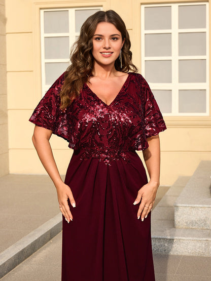 Roselledress Burgundy A Line V Neck Flutter Sleeve Zip Back Maxi Plus Size Wedding Guest Dress