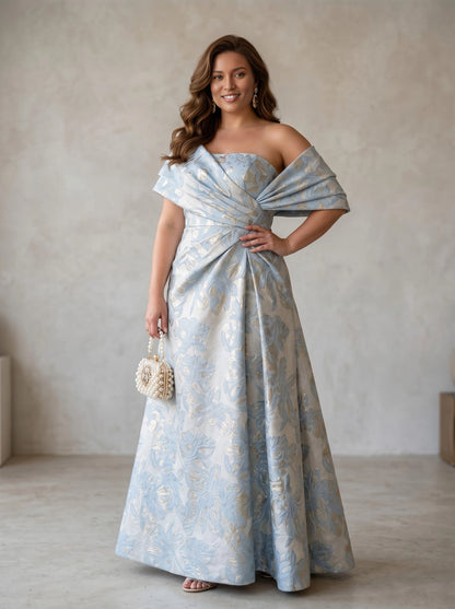 roselledress light blue gold floral jacquard off shoulder twist waist plus‑size prom dress front view