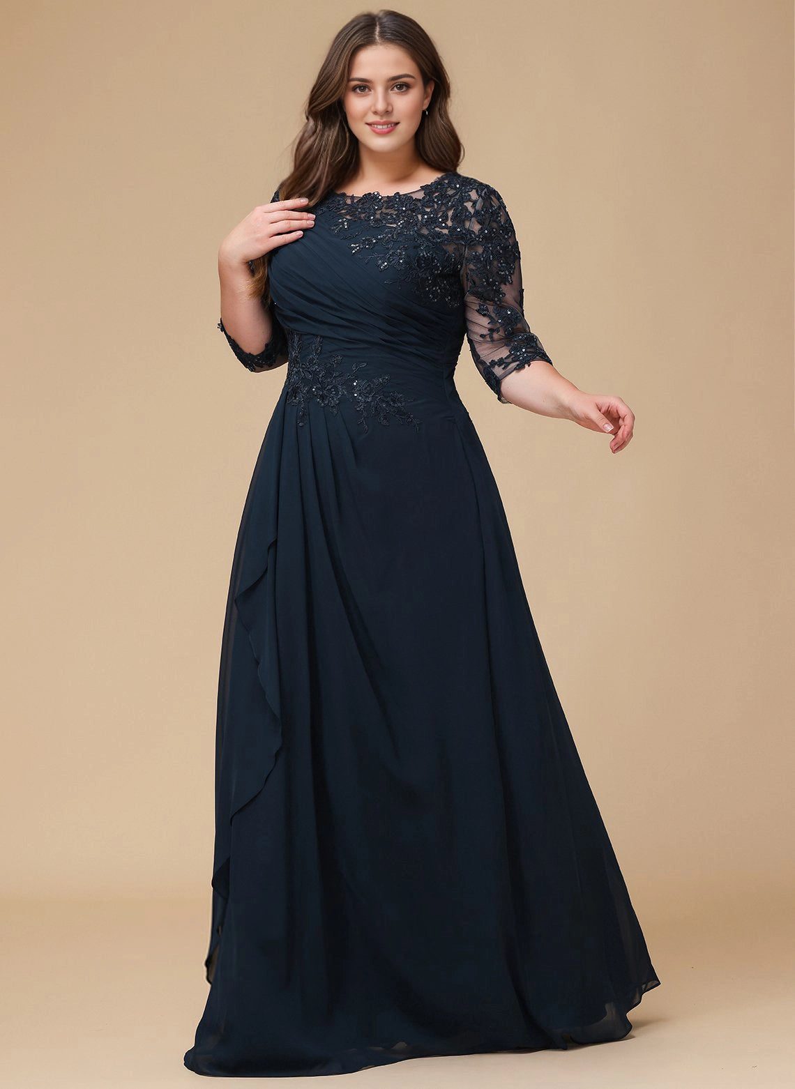 Elegant Plus Size A-Line Bateau 3/4 Sleeve Lace Illusion-Back Floor-Length Mother Of Bride Dress