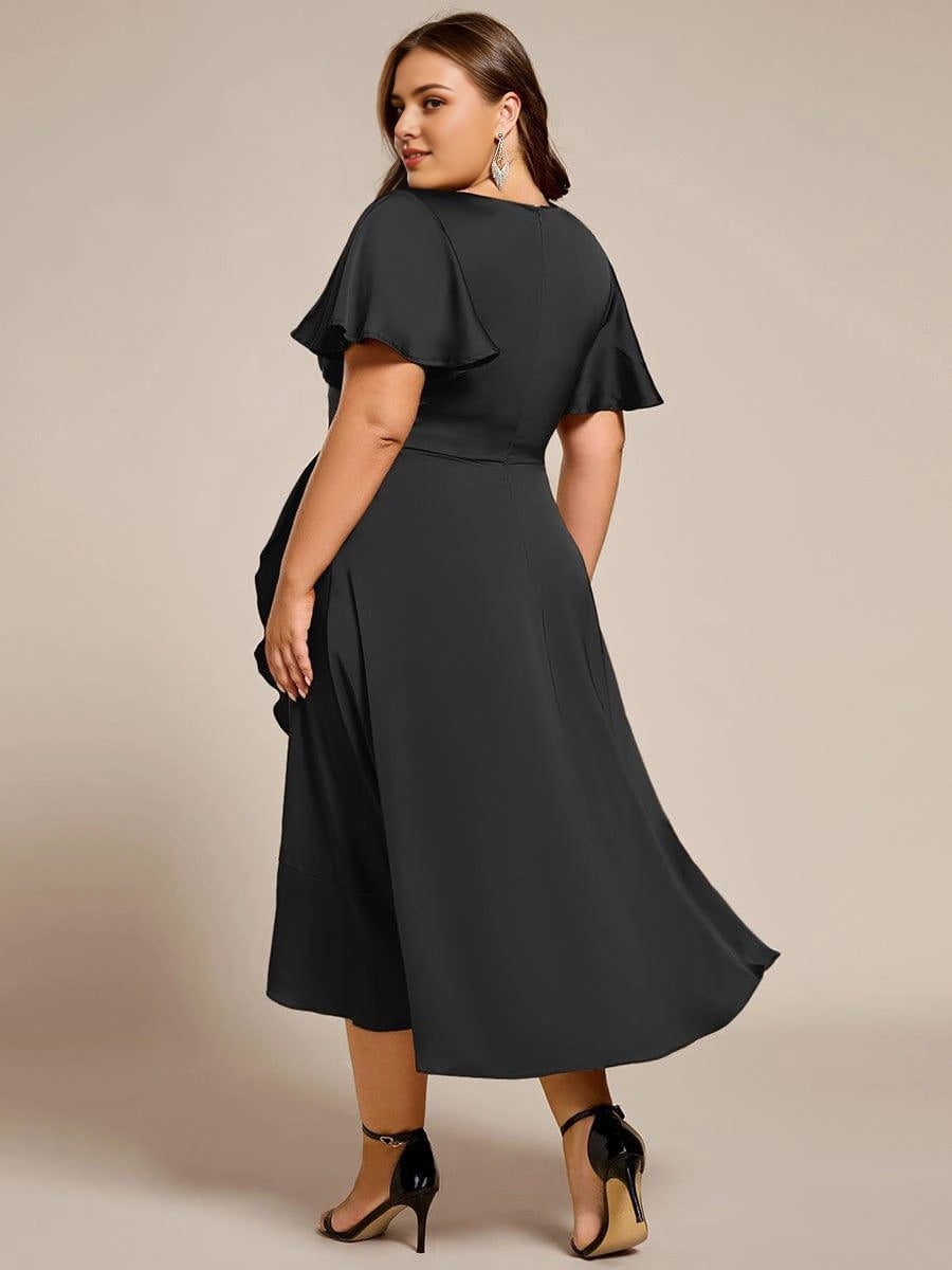 Roselledress Sage Green Wrap V-Neck Flutter Sleeve Zip Back Midi Plus Size Weeding Guest Dress