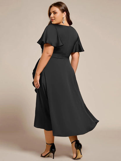 Roselledress Sage Green Wrap V-Neck Flutter Sleeve Zip Back Midi Plus Size Weeding Guest Dress