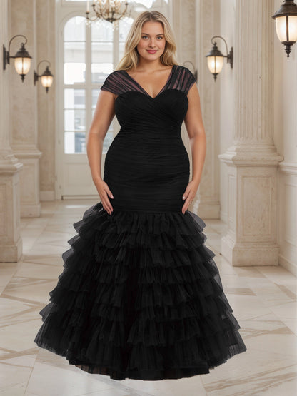 Glamorous Mermaid V‑Neck Cap‑Sleeve Lace‑Up‑Back Floor‑Length Plus Size Wedding Guest Dress