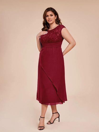 Charming A‑Line Bateau Neck Cap Sleeve V‑Back Midi Length Formal Plus Size Mother Of The Bride Dress