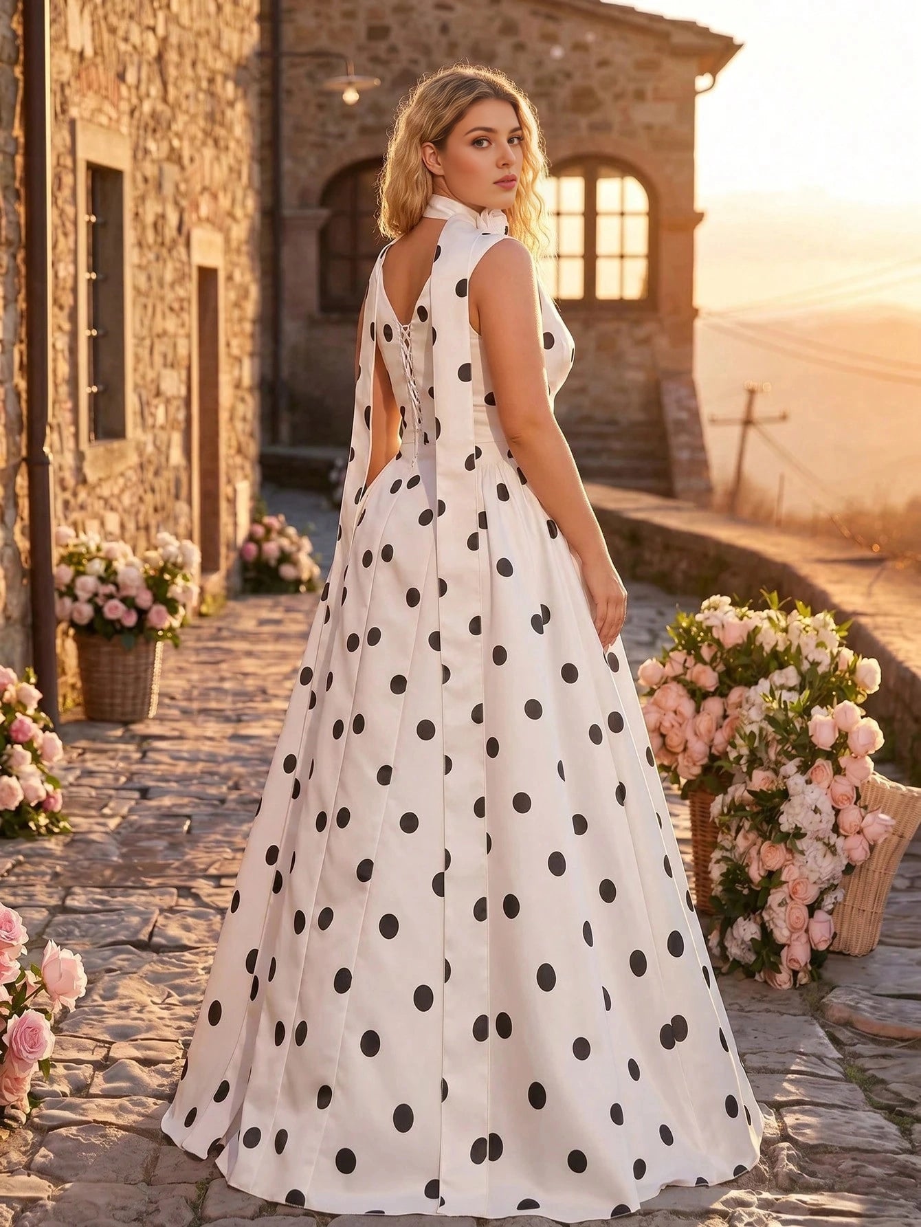 Roselledress plus size evening gown corset lace‑up back polka dot satin formal dress rear view