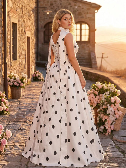 Roselledress plus size evening gown corset lace‑up back polka dot satin formal dress rear view