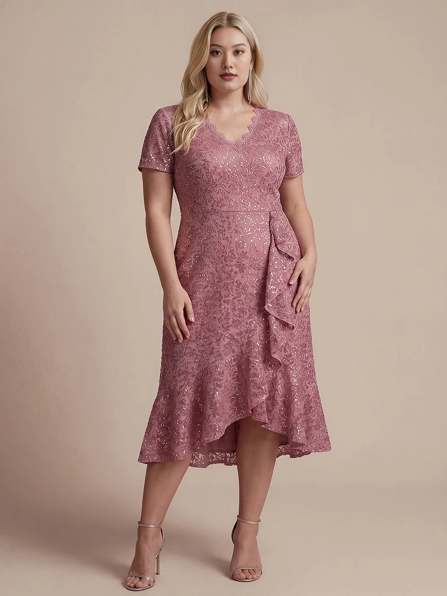 Flattering Wrap V-Neck Short Sleeve Zipper Back Hi-Lo Midi Plus Size Prom Dress 