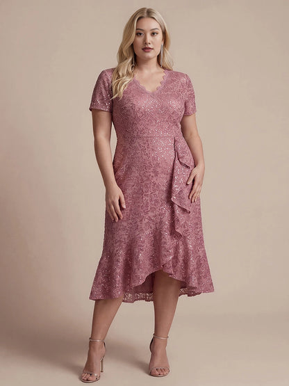 Flattering Wrap V-Neck Short Sleeve Zipper Back Hi-Lo Midi Plus Size Prom Dress 