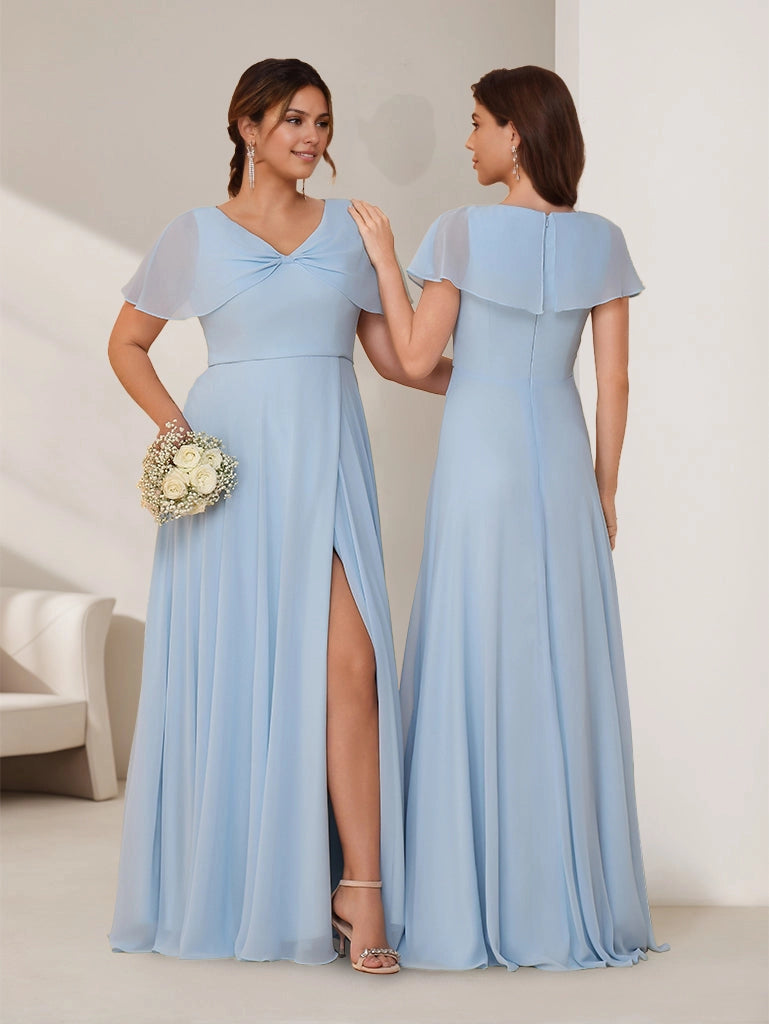 Roselledress chiffon formal dress plus size flutter sleeve zipper back slit bridesmaid dress back view