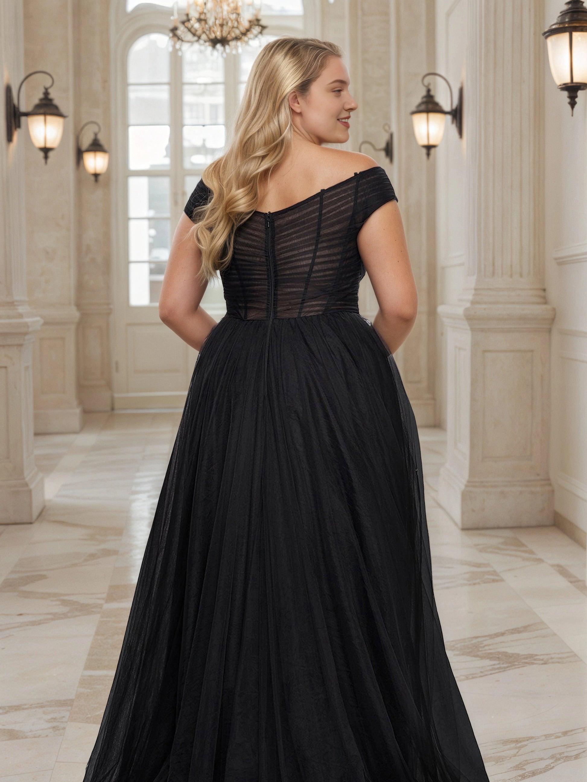RoselleDress black plus size wedding guest dress off‑the‑shoulder sheer mesh back zipper maxi gown back view