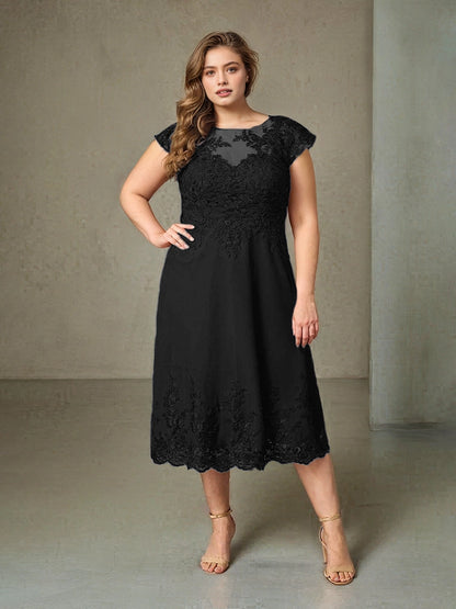 Charming A‑Line Illusion Neck Cap Sleeve V‑Back Midi Length Plus Size Mother Of The Bride Dress