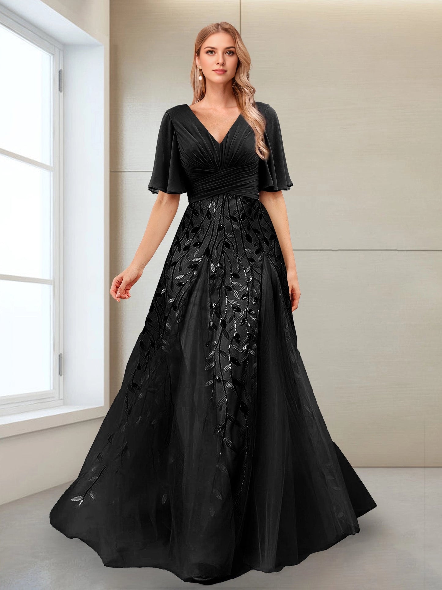 Romantic A Line V Flutter Sleeve Deep V Back Tulle Long Mother Of Bride Dress