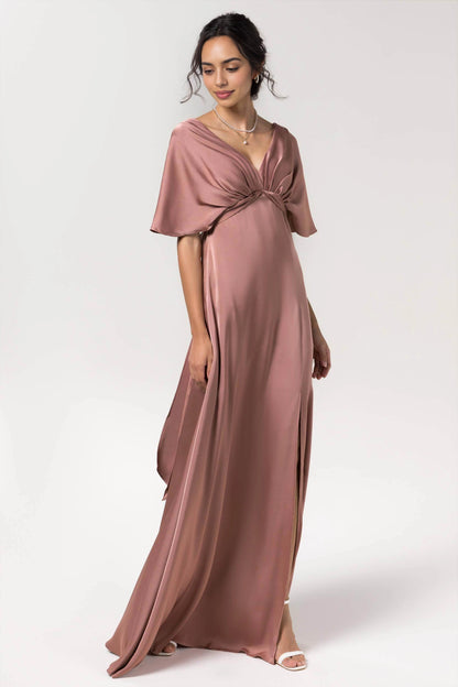 Elegant Plus Size Sheath V Neck Flutter Sleeve Bow Back Long Bridesmaid Dress