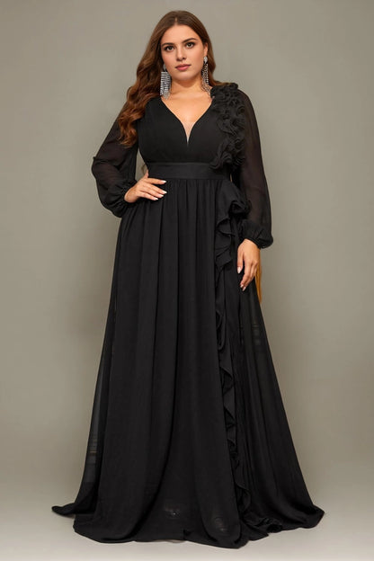 Plus Size Burgundy A Line V Neck Long Sleeve V‑Zip Back Long Prom Dress