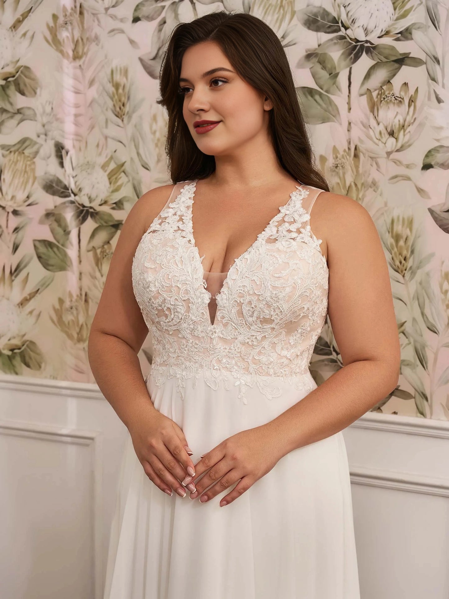 Elegant A‑Line V‑Neck Sleeveless Keyhole‑Back Floor‑Length Plus Size Wedding Dress
