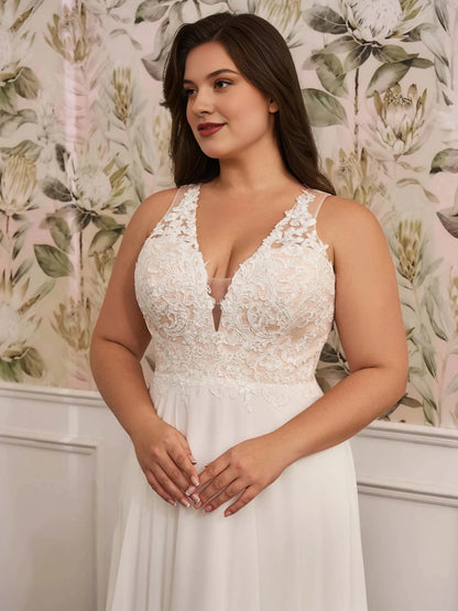 Elegant A‑Line V‑Neck Sleeveless Keyhole‑Back Floor‑Length Plus Size Wedding Dress