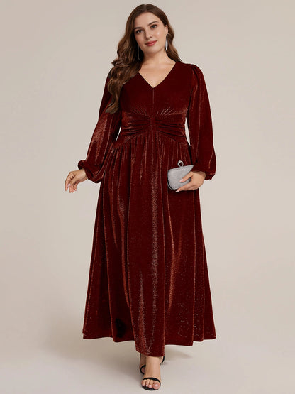Roselledress Navy Glitter A Line V Neck Long Sleeve Plain Back Maxi Length Plus Size Wedding Guest Dress 