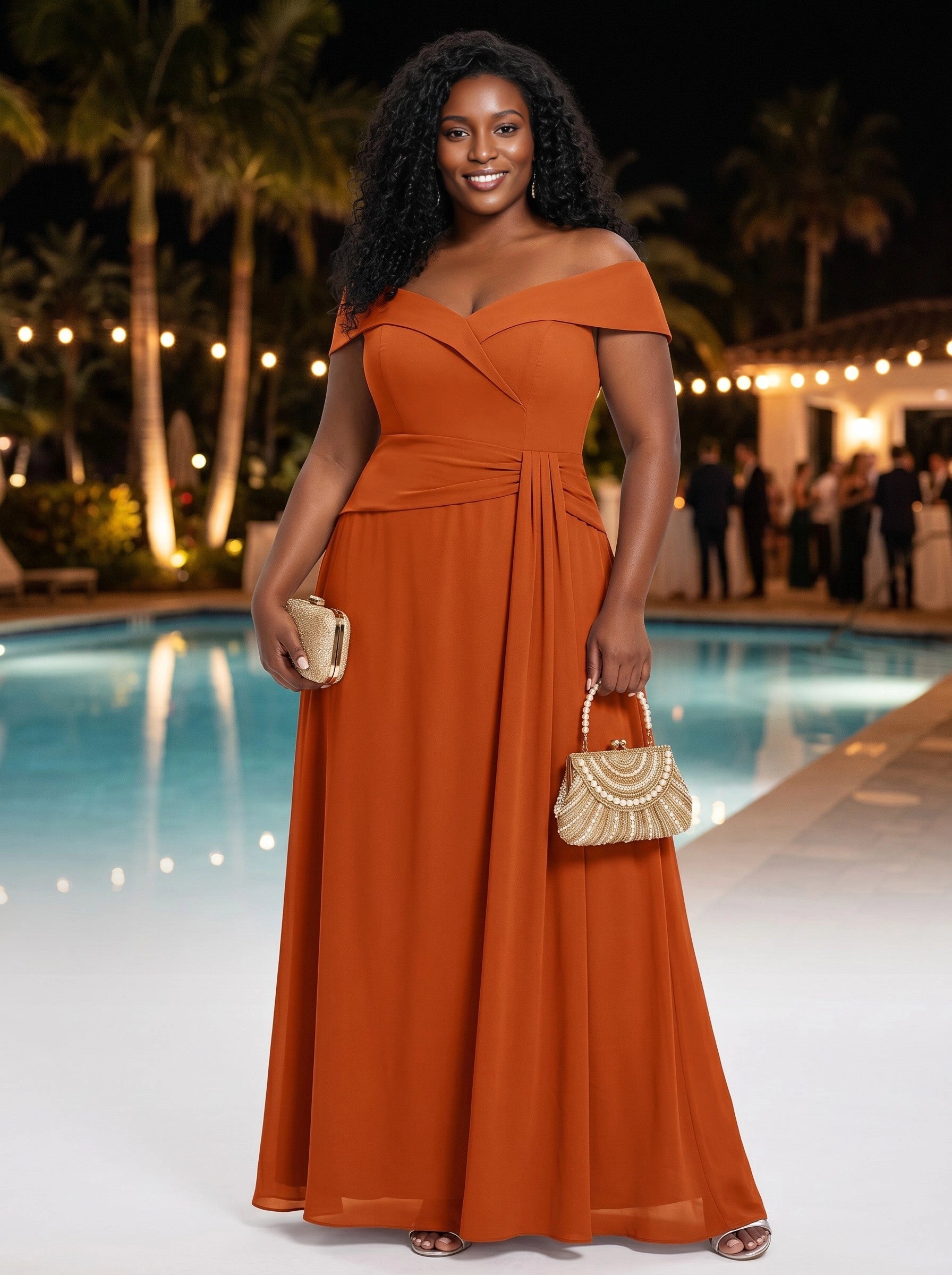 roselledress burnt orange off‑shoulder wrapped waist chiffon plus‑size prom dress front view