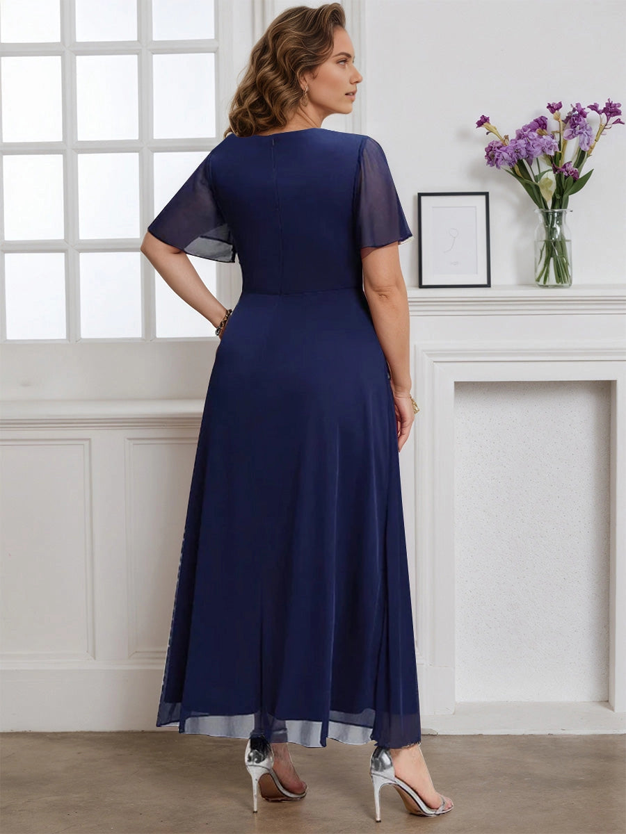 Roselledress back view navy tea length formal dress,closed plain back flutter sleeve plus size wedding guest gown