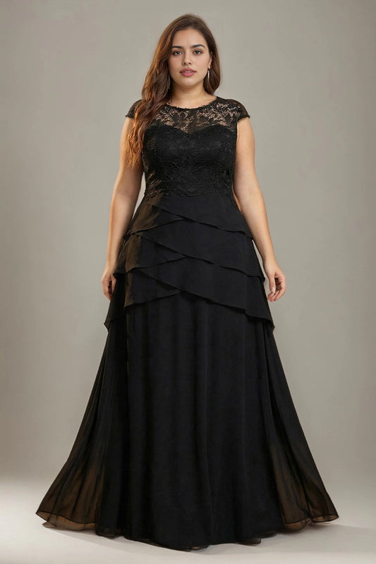 Roselledress black plus size round cap sleeve long prom dress lace layered chiffon a-line evening gown