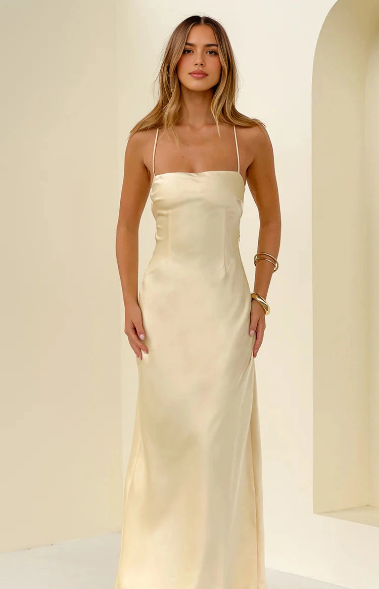 Cream Yellow Slip Straight Neck Spaghetti Strap Criss Cross Back Long Prom Dress