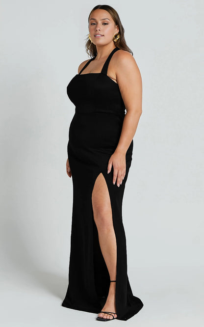 Chic Mermaid Halter Square Neck Criss Cross Back Slit Plus Size Maxi Bridesmaid Dress