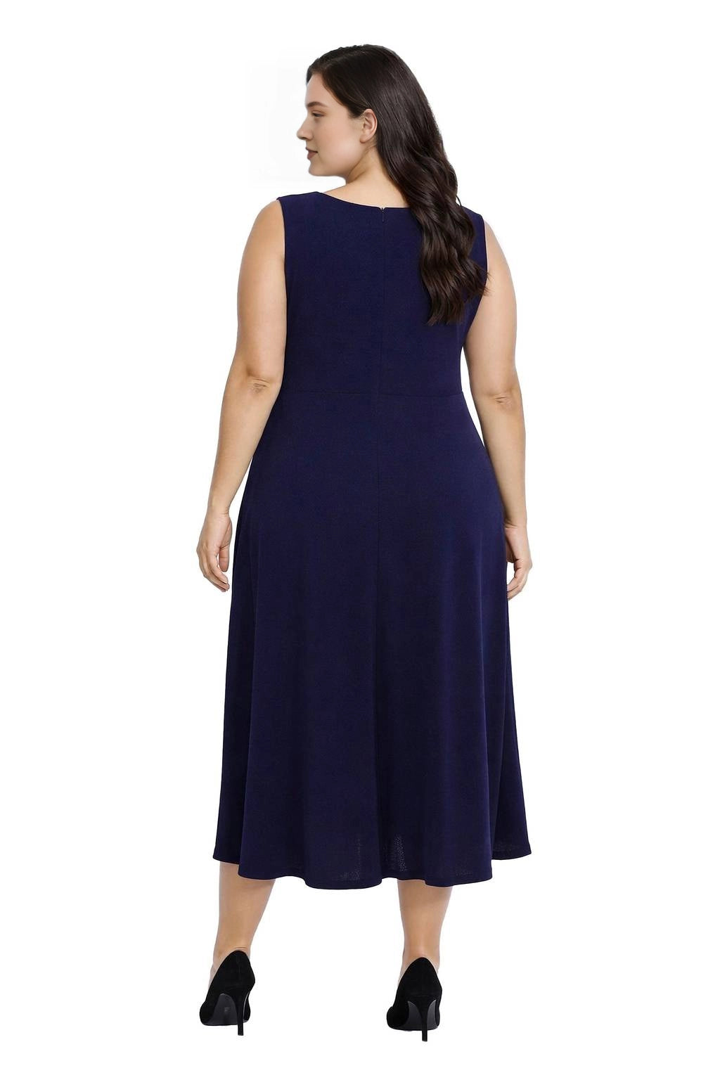 Navy blue plus size midi dress with covered back, center zipper and flowing A-line skirt