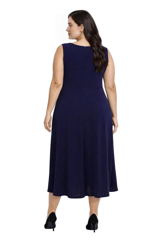 Navy blue plus size midi dress with covered back, center zipper and flowing A-line skirt