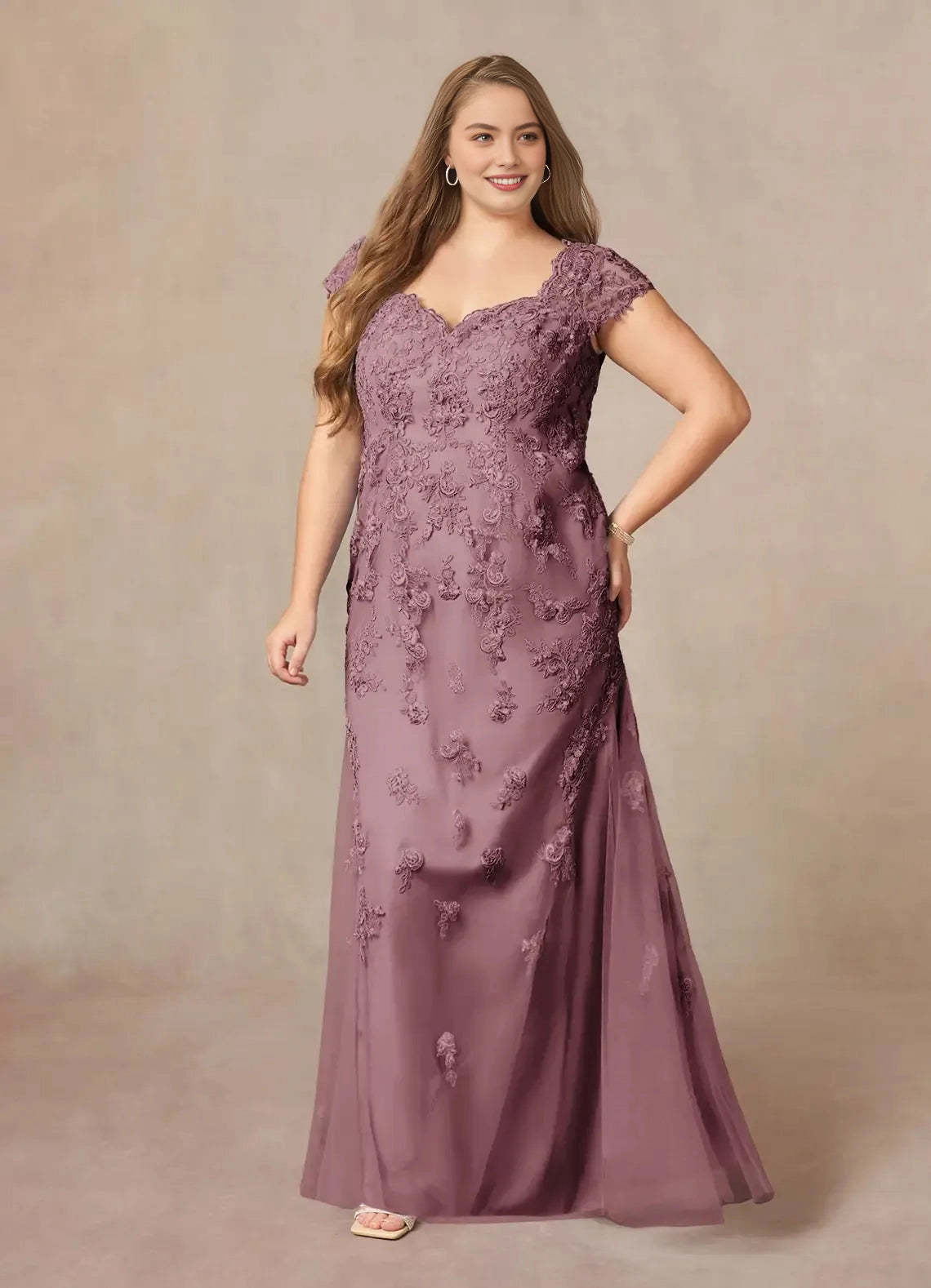Elegant Mermaid Sweetheart Cap‑Sleeve V‑Back Floor‑Length Plus Size Mother Of The Bride Dress