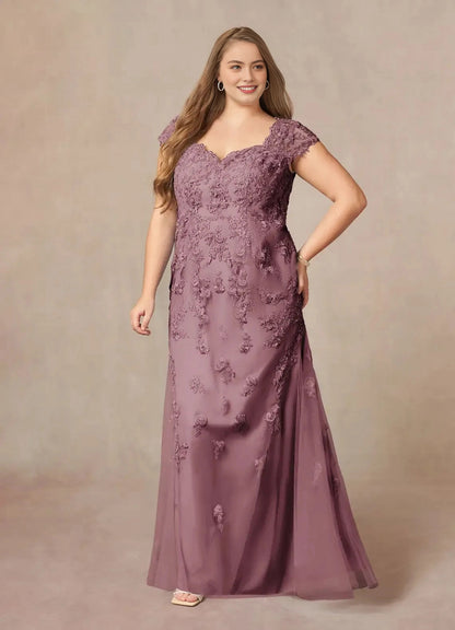 Elegant Mermaid Sweetheart Cap‑Sleeve V‑Back Floor‑Length Plus Size Mother Of The Bride Dress