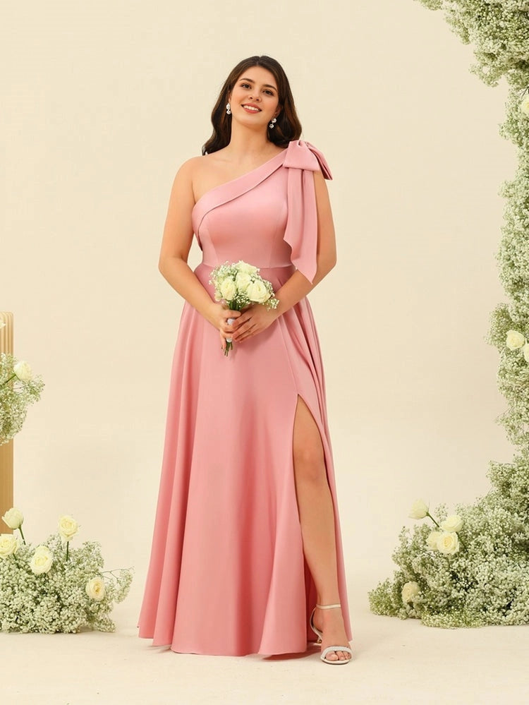 roselledress dusty rose satin plus size bridesmaid gown one shoulder big bow high slit floor-length wedding dress front view