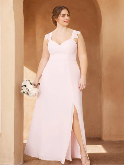 RoselleDress blush chiffon plus size bridesmaid dress sweetheart ruffle shoulder strap thigh slit flowy wedding gown