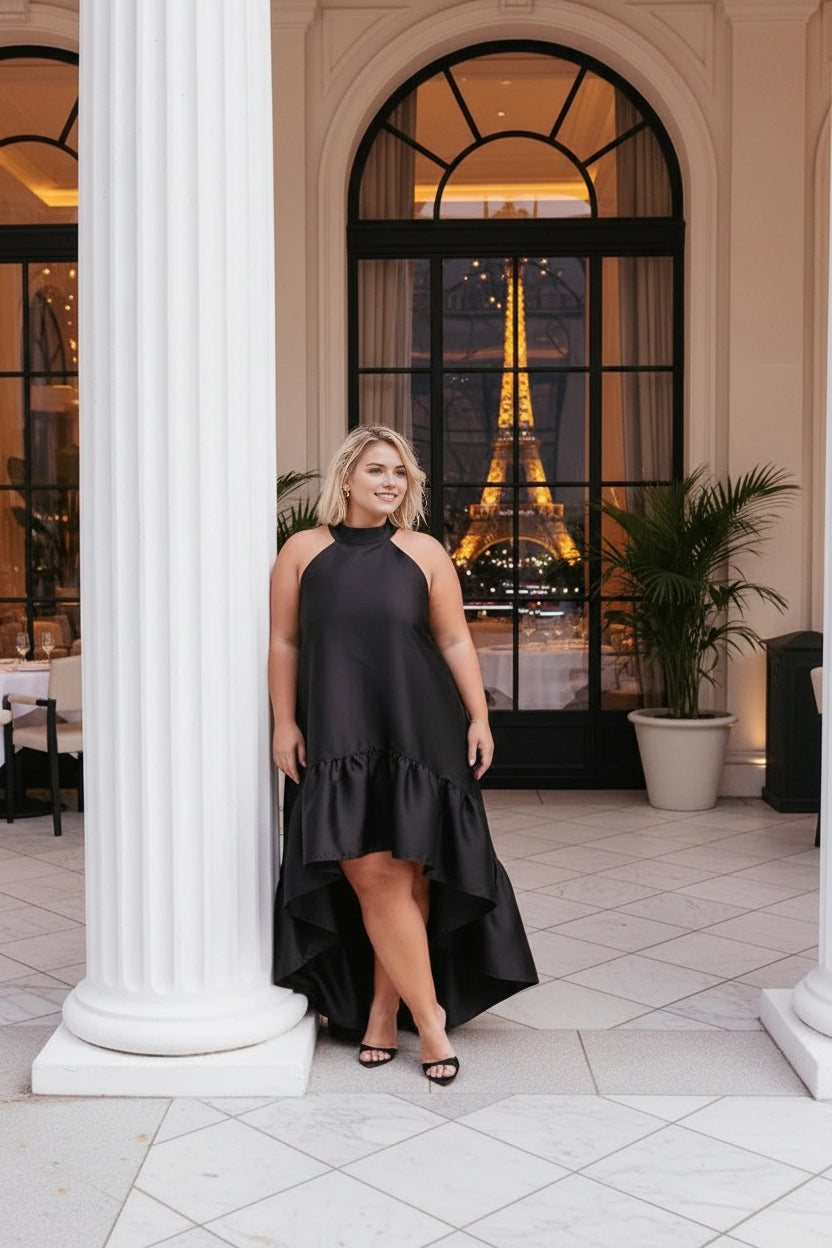 Flowy High‑Low Halter Neck Sleeveless Tie‑Back Floor‑Length Plus Size Wedding Guest Dress