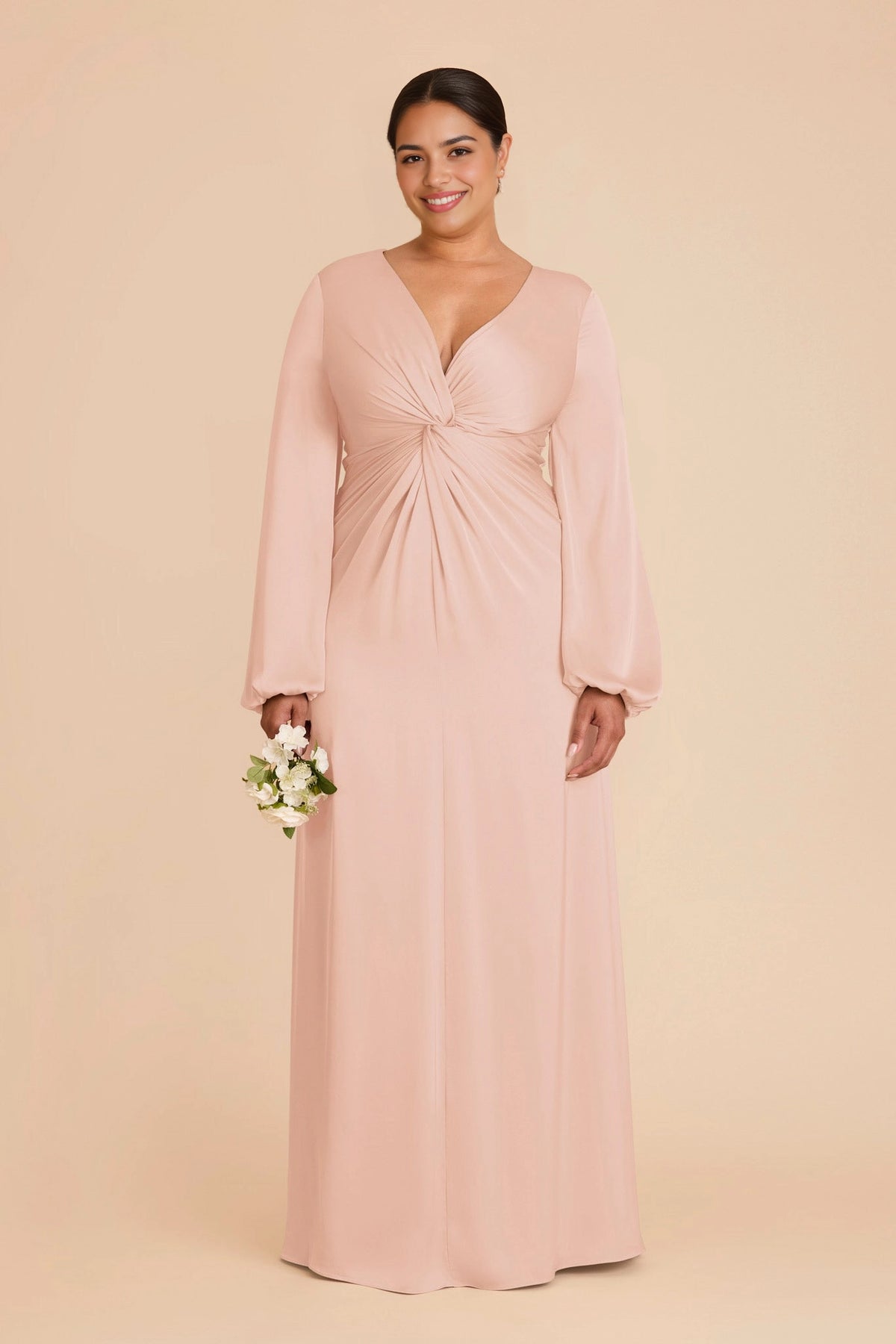 Elegant Plus Size A-Line V-Neck Bishop Sleeve Zipper Back Maxi Bridesmaid Dress