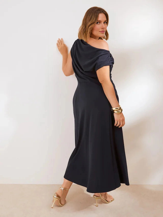 Elegant A-Line One-Shoulder Draped Closed Back Midi Plus Size Wedding Guest Dress