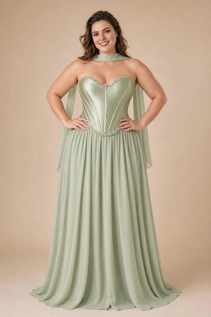 A-Line Strapless Corset Lace Up Back Chiffon Plus Size Bridesmaid Dress