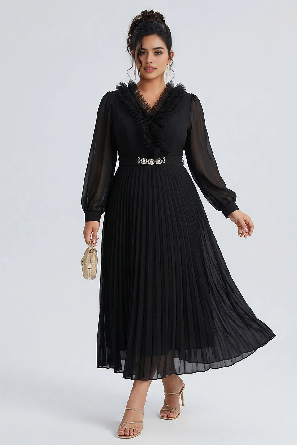 dress black plus size a-line v neck pleated midi wedding guest dress with rhinestone belt sheer long sleeve for curvy women
