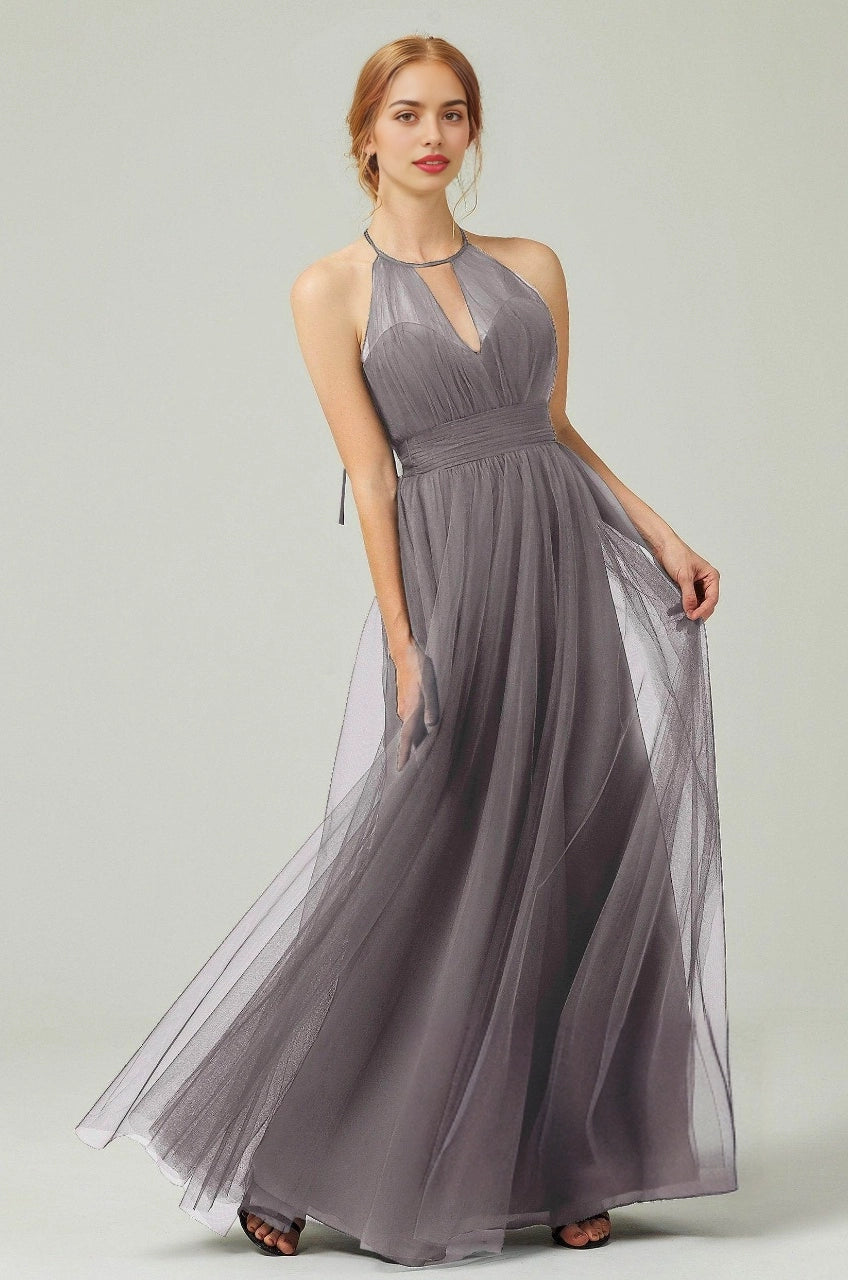 Plus Size Elegant Tulle A-Line Halter Sleeveless Open-Back Floor-Length Bridesmaid Dress