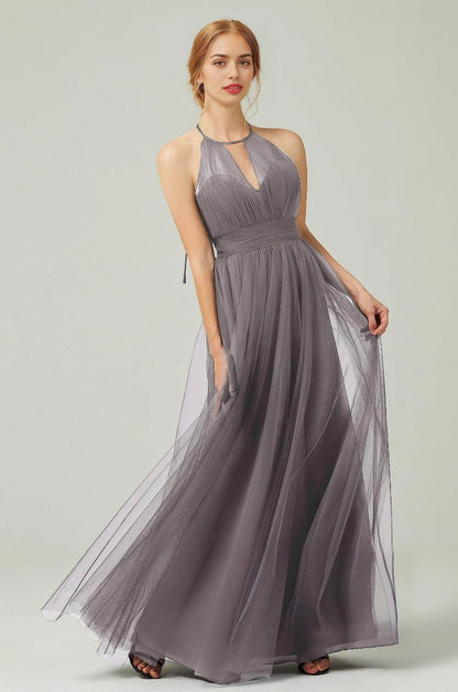 Plus Size Elegant Tulle A-Line Halter Sleeveless Open-Back Floor-Length Bridesmaid Dress