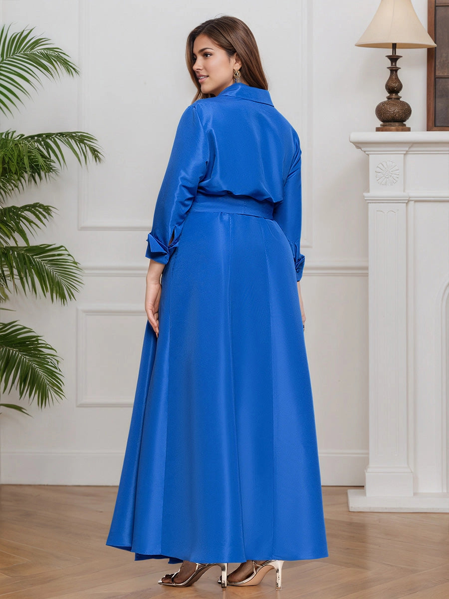 Back view Roselledress royal blue satin formal dress, plus size mother of bride gown with plain solid full back design