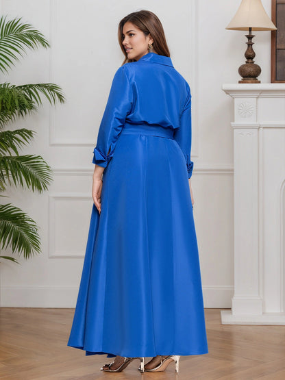 Back view Roselledress royal blue satin formal dress, plus size mother of bride gown with plain solid full back design