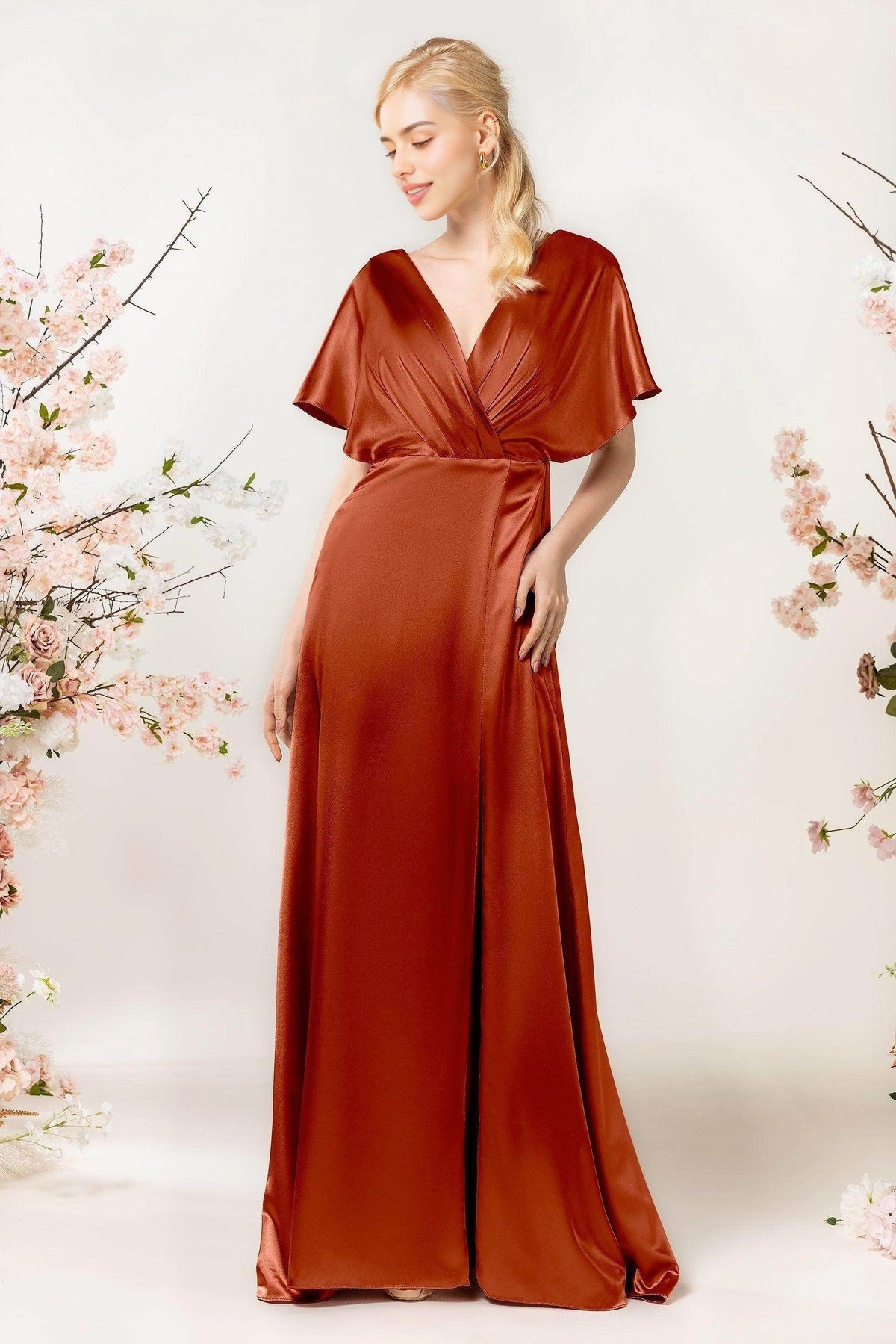 Plus Size Elegant Sheath V Neck Flutter Sleeve Open Back Long Bridesmaid Dress