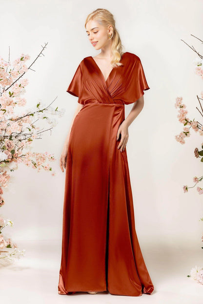 Plus Size Elegant Sheath V Neck Flutter Sleeve Open Back Long Bridesmaid Dress