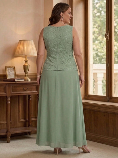 A Line Maxi V Neck 3/4 Sleeve Zipper Back 3 Piece Lace Chiffon Plus Size Mother Of The Bride Dress